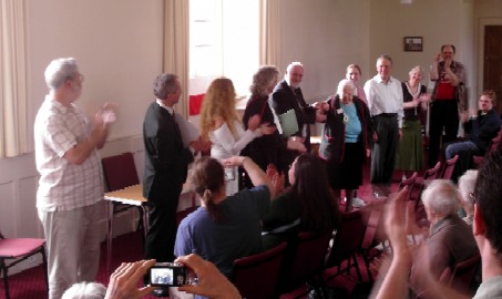 The cast and author take a bow (L-R David Kelso, Malcolm Jones, Sally Phillips, Peter Bolwell, Paul Gubbins, Marjorie Boulton, Claire Hunter, Terry Page)