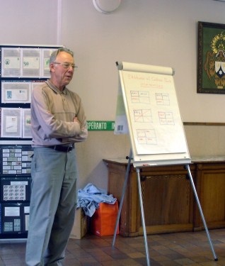 Terry Page presents some word games and quizzes; photo by Vilĉjo Walker